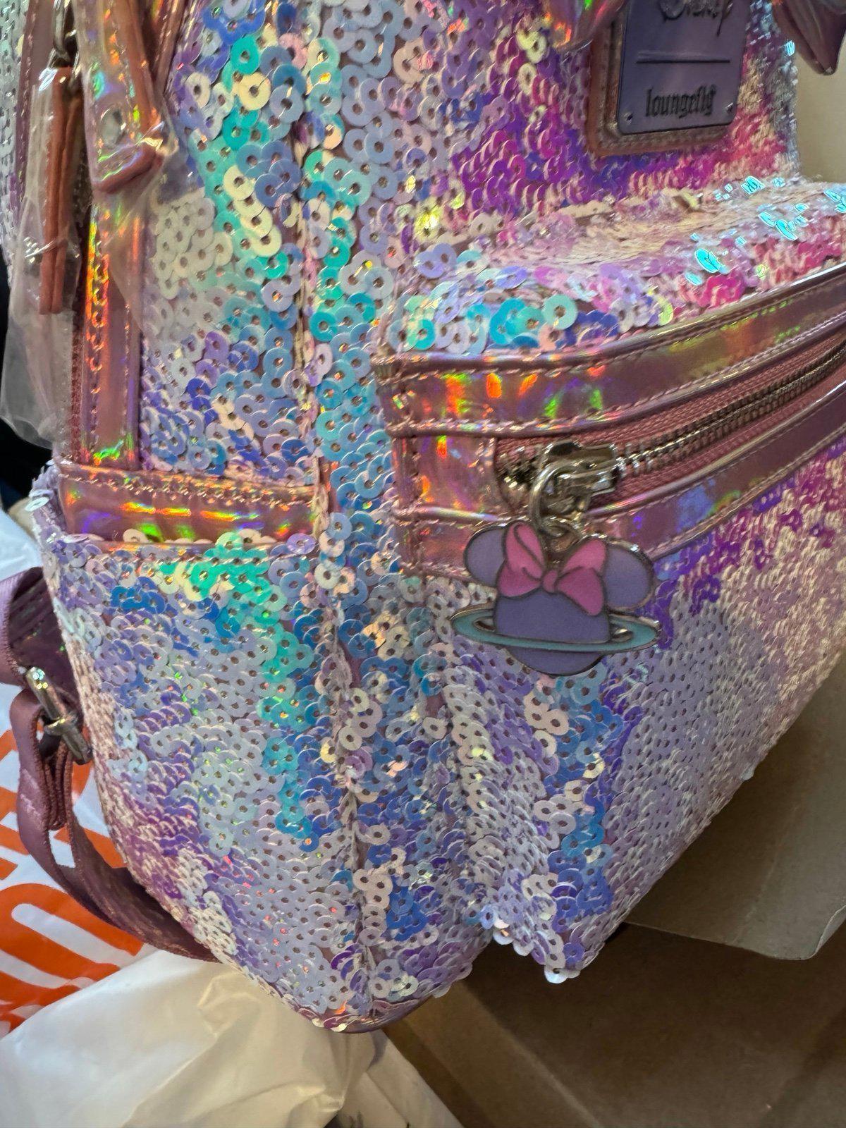 Loungefly Disney Planet Minnie UV Reactive Pink Iridescent Sequin Backpack