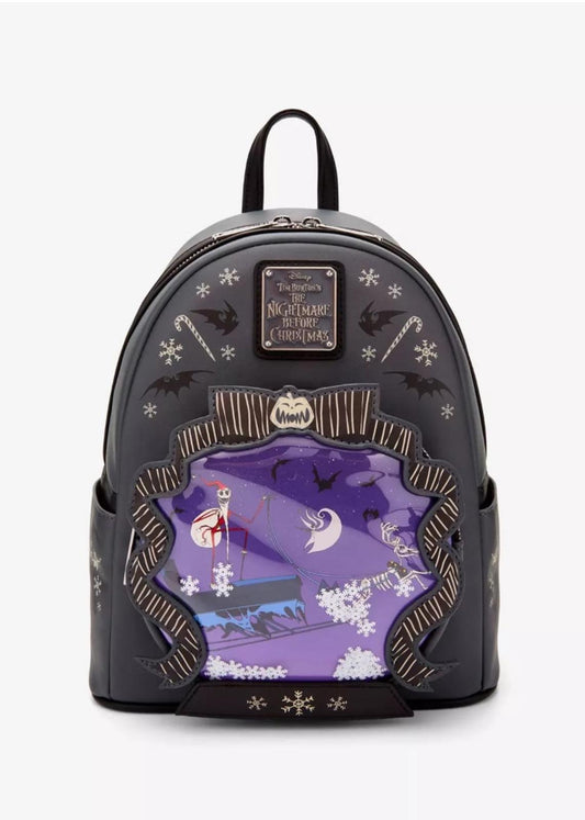 Loungefly Disney NBC Jack/Zero Sleigh Ride Snow Globe GITD Mini Backpack