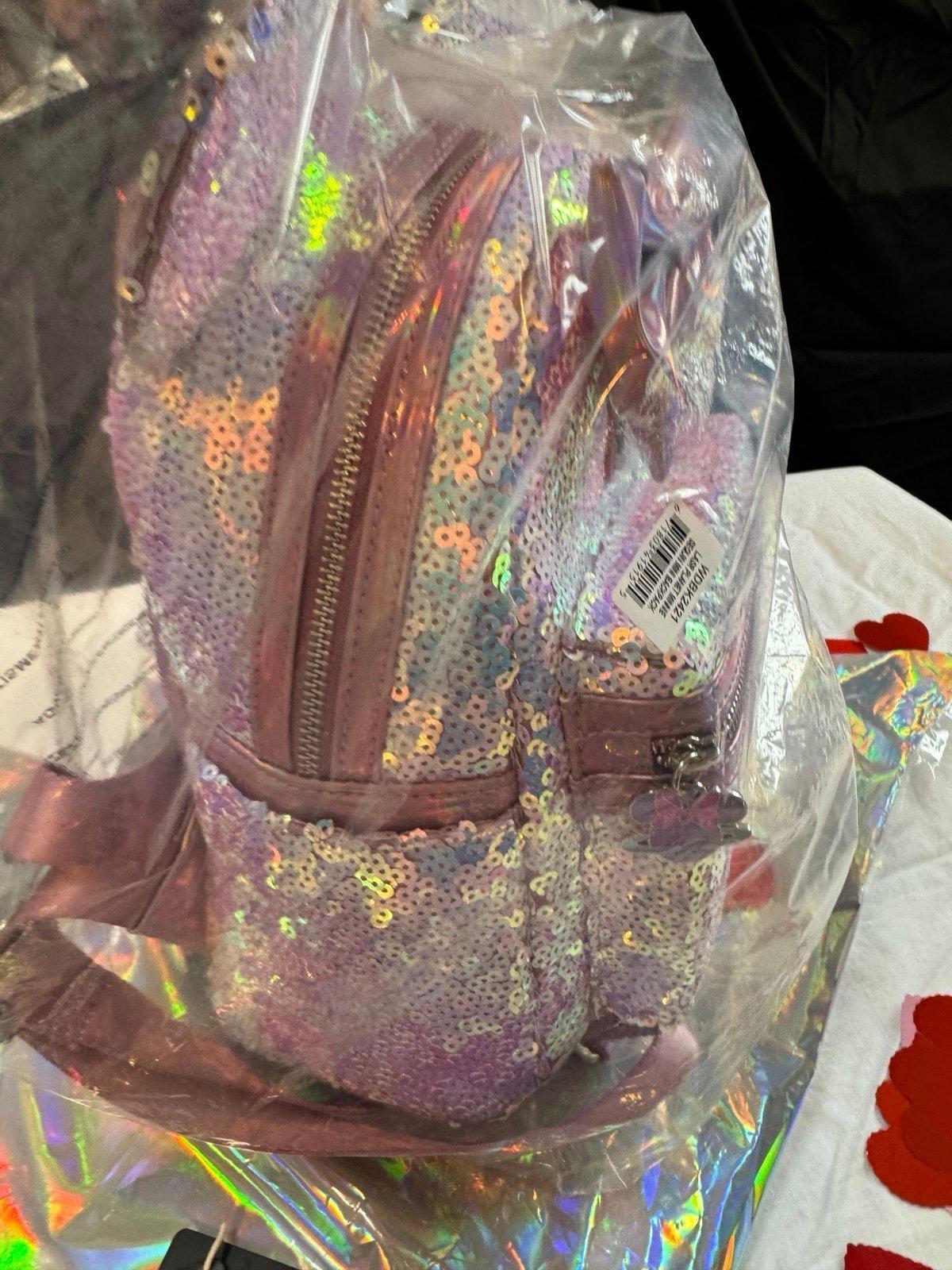 Loungefly Disney Planet Minnie UV Reactive Pink Iridescent Sequin Backpack