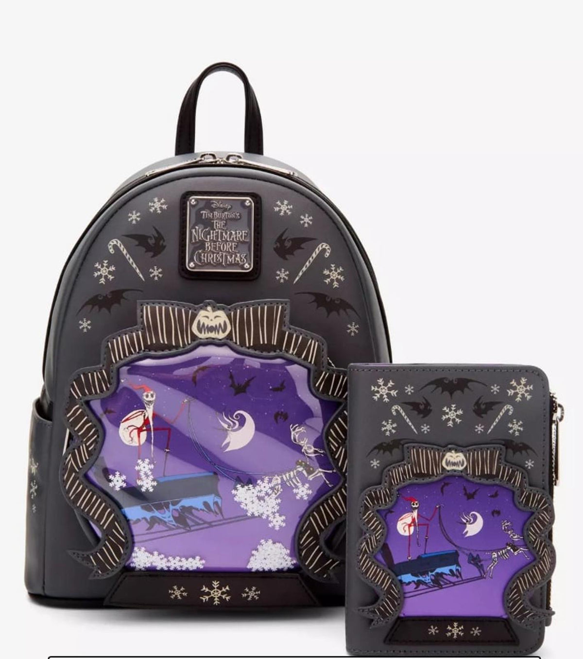 Loungefly Disney NBC Jack/Zero Sleigh Ride Snow Globe GITD Mini Backpack