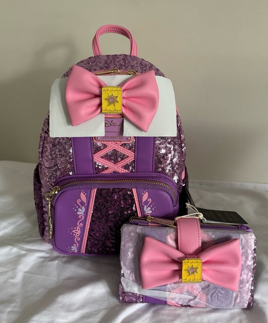 Loungefly Disney Princess Tangled Rapunzel Sequin Backpack & Wallet SET