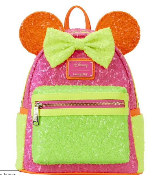 Loungefly Disney Minnie Mouse Color Block Neon Sequin Mini Backpack & Cardholder