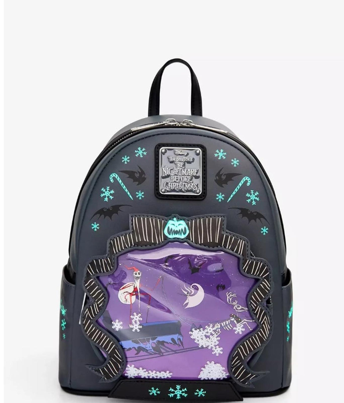 Loungefly Disney NBC Jack/Zero Sleigh Ride Snow Globe GITD Mini Backpack