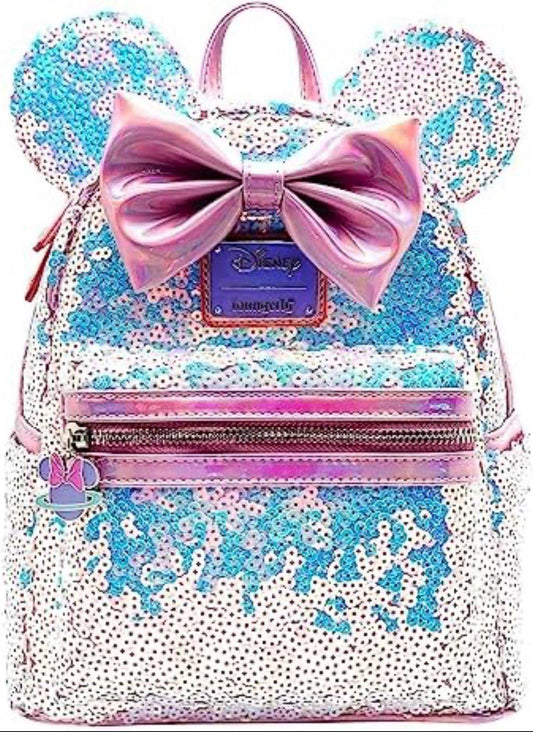 Loungefly Disney Planet Minnie UV Reactive Pink Iridescent Sequin Backpack